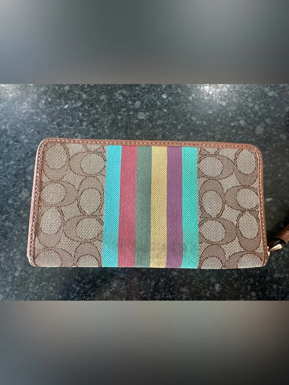 Coach Brown Leather Patch Wallet with Teal and Multicolor Stripes